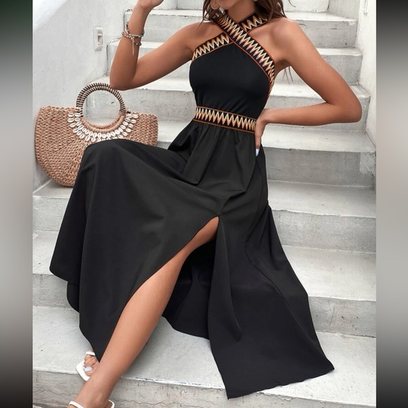 Boho chevron trim slit thigh maxi dress - Picture 2 of 6